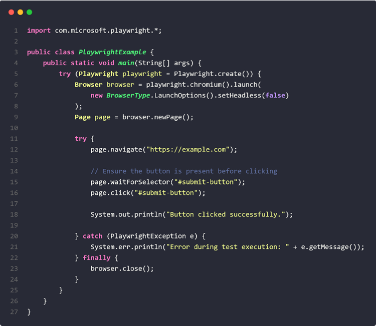 Playwright-Fehlerbehandlung Java-Beispiel