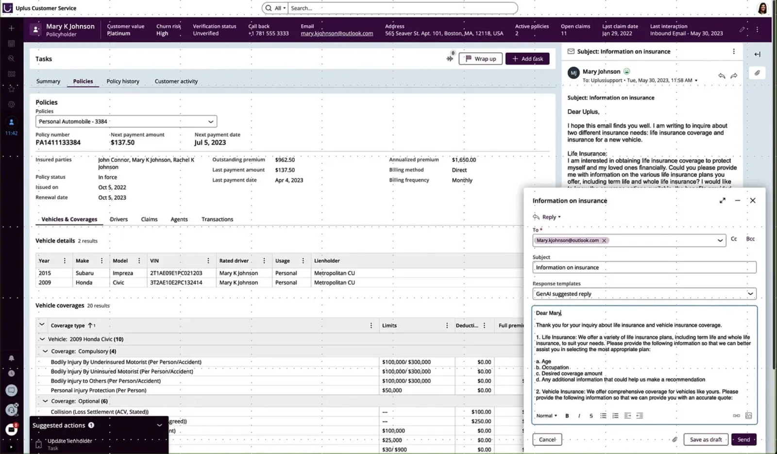 Screenshot des User Interface für Servicemitarbeitende in der Pega-Anwendun