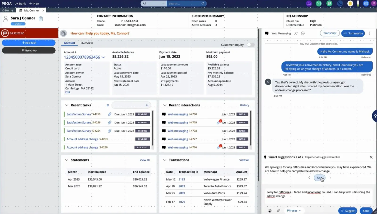 Screenshot des User Interface für Servicemitarbeitende in der Pega-Anwendung