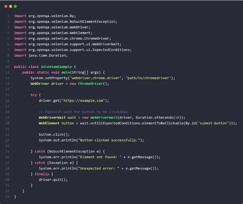 Selenium-Fehlerbehandlung Java-Beispiel